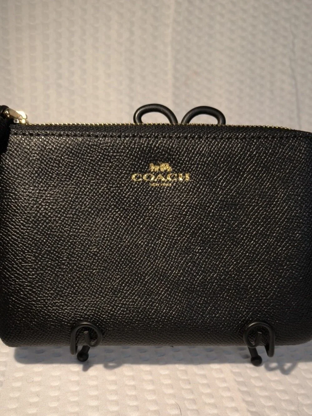 Coach Black Saffiano Leather L Corner Wristlet with Gold Logo